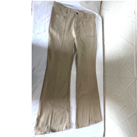 HYFVE Size Large tan slight bell bottom pants stretch see slit on bottoms decor - Picture 1 of 14